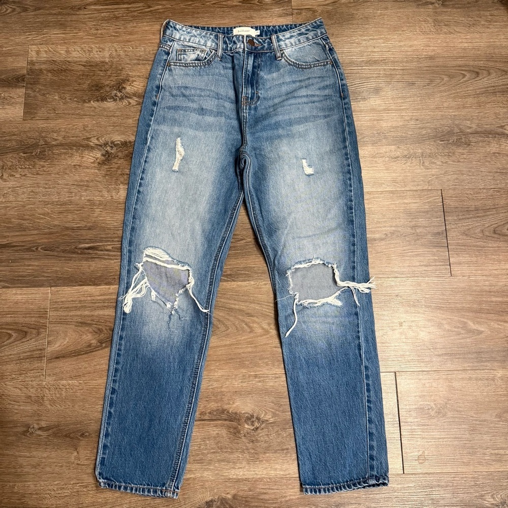 BOHME Medium Wash High Waisted Distressed Straight Leg Denim Jeans Size 25 - Picture 2 of 9